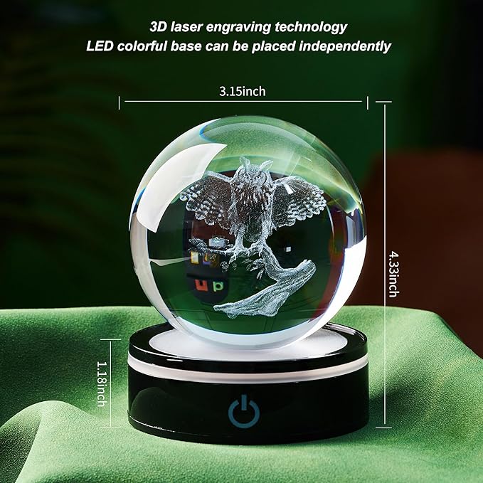 3D Owl Figurine Crystal Ball with Colorful Light Base, Gifts for Women Men Lovers on Christmas Birthday, Laser Engraved Sphere Glass Ball for Home Office Decoration