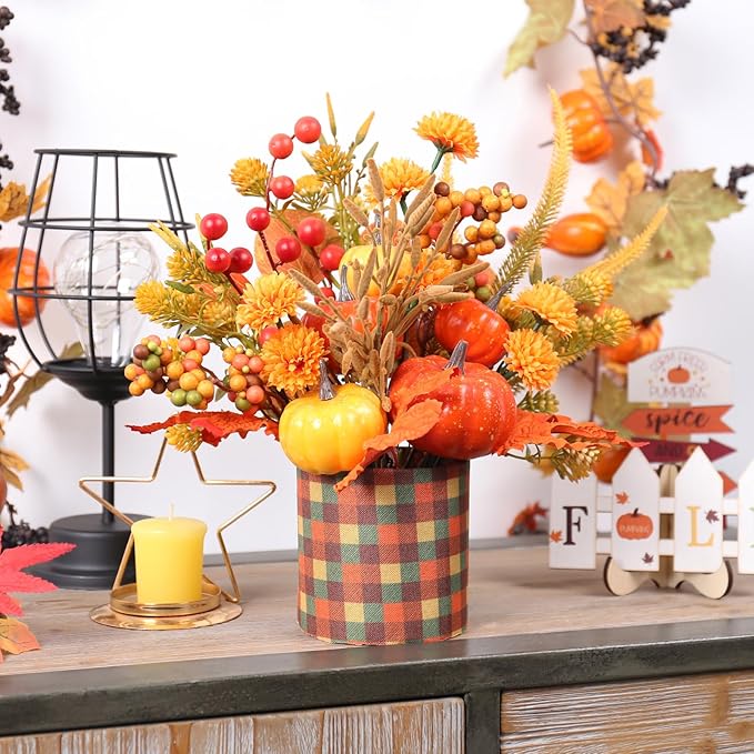 Super Holiday Fall Decor, 12" Artificial Orange Pumpkin Berry Maple Tree Halloween Thanksgiving Table Centerpieces Decorations, for Home Farmhouse Autumn Harvest Holiday Party Decor.
