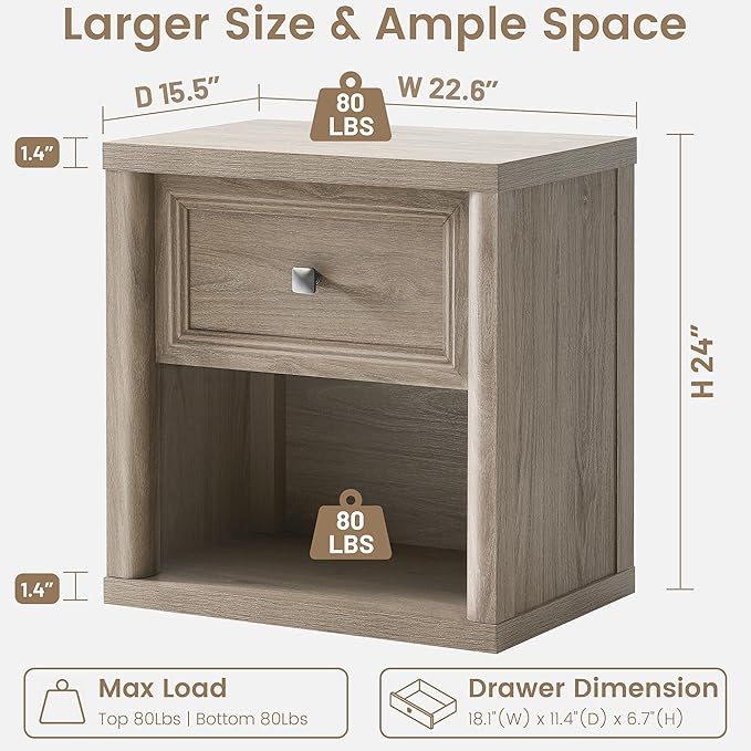 Farmhouse Night Stand Set of 2, Grey Nightstands with Drawer Storage, Wood Large Side Tables End Table, 22.6" Wide Bedside Tables Night Stands for Bedroom Room Sofa Couch Office