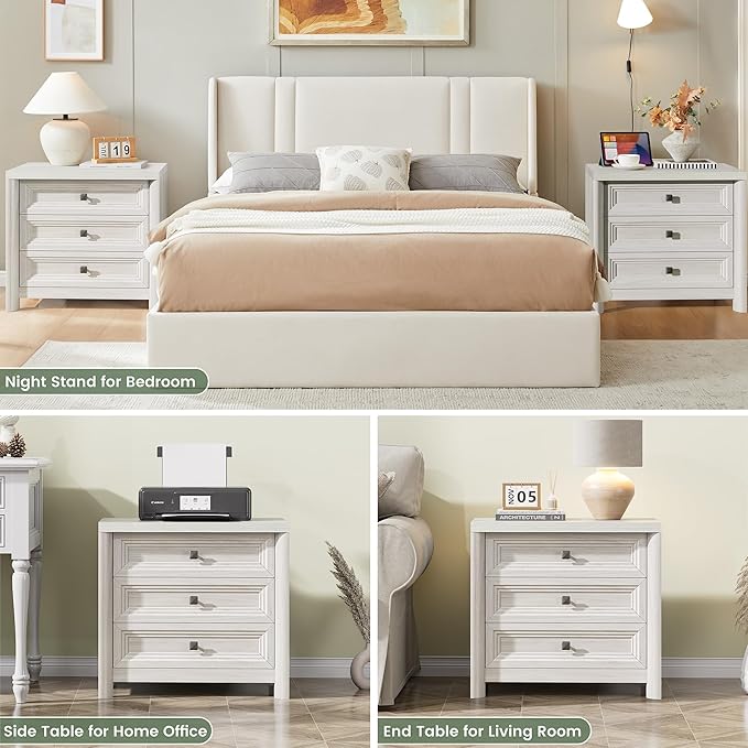 White Nightstand with 3 Drawers, Wood Night Stand with Metal Knobs, Farmhouse Bed Side Table for Bedroom, Modern End Table for Living Room Home Office Storage 1PC