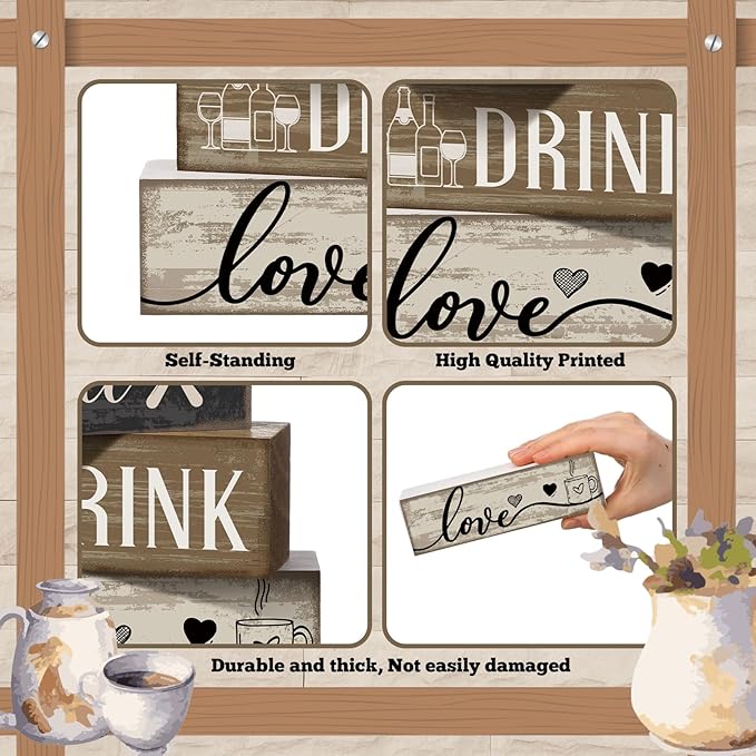 4 Pcs Wooden Farmhouse Tabletop Decor Farmhouse Tiered Tray Decor Black Brown and White Plate Tableware Centerpiece Wooden Plate Rustic Decorative Block Sign for Kitchen Shelf Desk Decoration