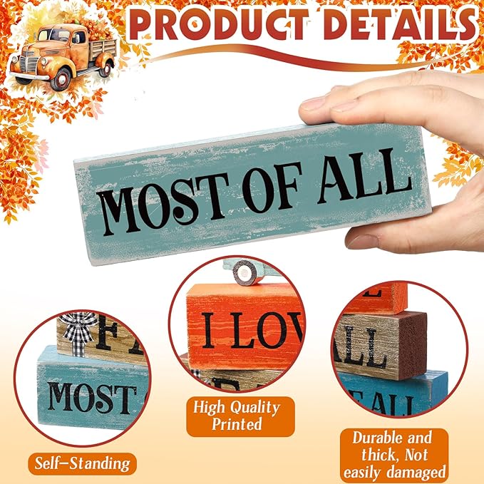 4 Pcs Fall Decoration for Home Fall Truck Decor Autumn Tiered Tray Decor Rustic Wooden Truck Block Sign Gift Thanksgiving Centerpiece Autumn Table Decorations for Harvest Party Kitchen Home