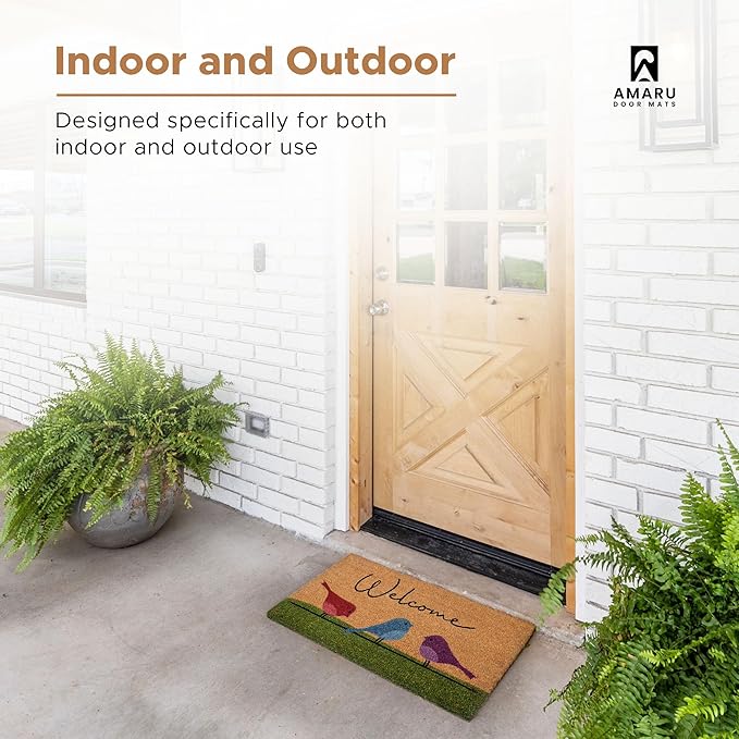 Colorful Birds - 17"x29" - Coir Door Mat with Heavy Duty Backing - Welcome Mats for Entryway, Porch - Anti-Slip PVC & Coconut Fiber Surface - Natural Home Accessories, Minimalist Original Design