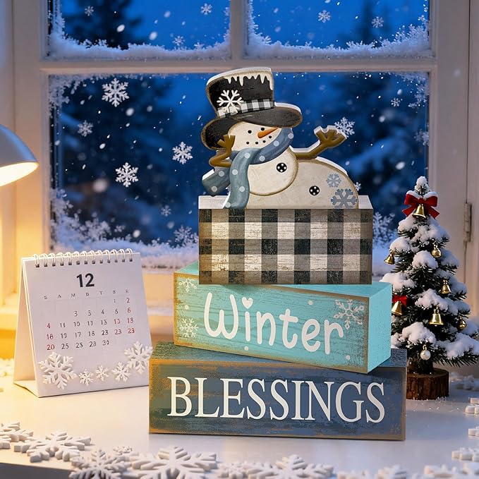 4 Pcs Christmas Table Decorations Winter Tiered Tray Decor Playful Snowman Decor Indoor Rustic Wooden Decorative Snowman Block Sign Gift Snowflake Centerpiece Farmhouse Xmas Signs for Kitchen