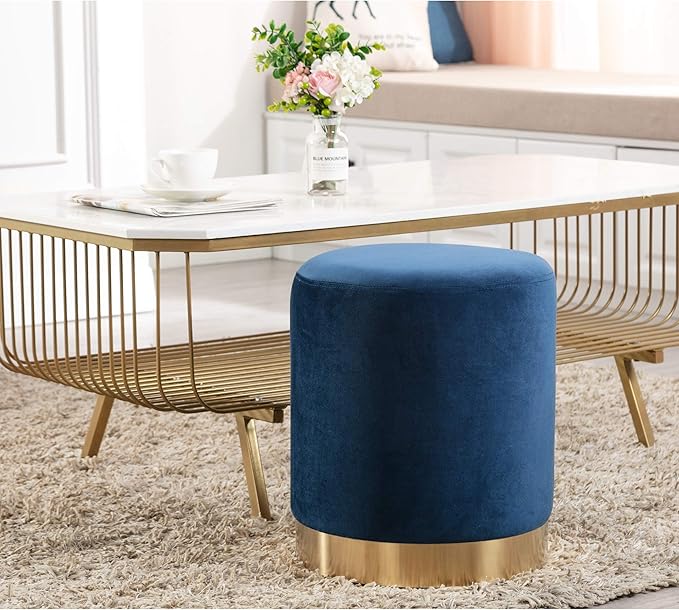 DAGONHIL Modern Round Velvet Ottoman,Upholstered Make-up Short Stools with Gold Plating Base,Foot Stool for Living Room,Pack of 1,Blue