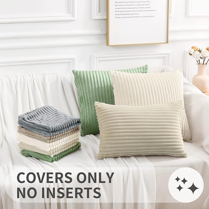 Simmore Decorative Throw Pillow Covers 12x20 Set of 2, Soft Natural Plush Flannel Double-Sided Fluffy Lumbar Pillow Covers for Couch Sofa Living Room, Sage Green