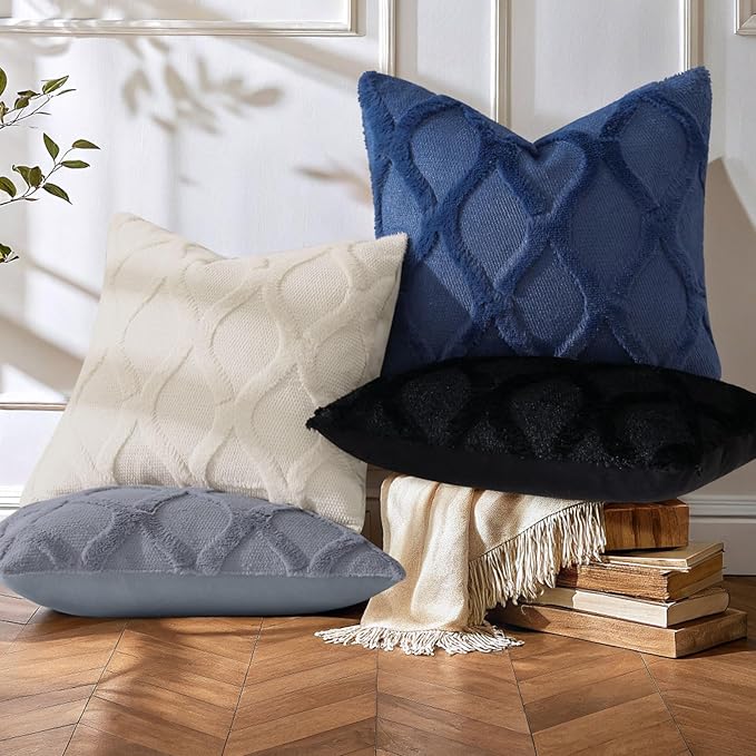 decorUhome Set of 4 Throw Pillow Covers 16x16 Inch, Neutral Decorative Soft Plush Faux Wool Couch Pillow Covers, Farmhouse Pillow Cases for Living Room Bed Sofa (Blue/Grey)