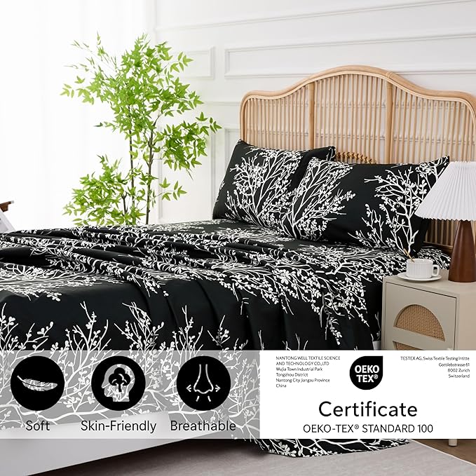 Spirit Linen home King Size Sheets Set - Pure Microfiber 4 Piece Polyester Bed Sheets, Fitted Sheet & Pillow Cases - King Sheets for All Seasons (Foliage Black/White, King)