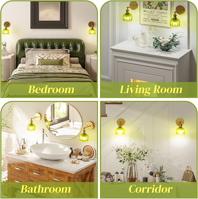 Vintage Battery Operated Wall Sconce Set of 2, Wireless Wall Sconce with Green Tulip Glass Shade, Rechargeable & Remote Control Wall Lamp for Living Room, Bedroom,Hallway Wall Decor Lights