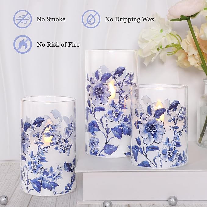 Impress Life Chinoiserie Decor Flameless Candles Blue and White Battery Operated with Remote & Timer Blue White Floral Printed Glass Flickering LED Pillar Candle for Wedding Party Home Table Decor