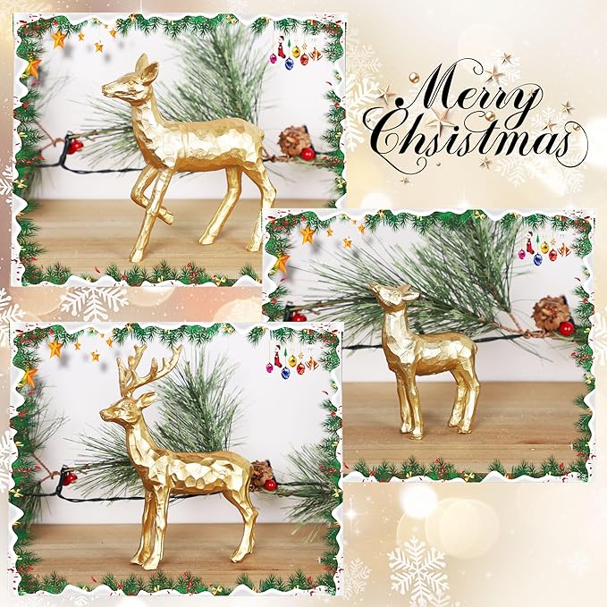 Lulu Home 3 PCS Christmas Tabletop Decorations, Resin Golden Reindeer Family Figurines with Diverse Postures, Xmas Holiday Winter Centerpieces Ornaments for Mantel Shelf Sill Home Office Decor