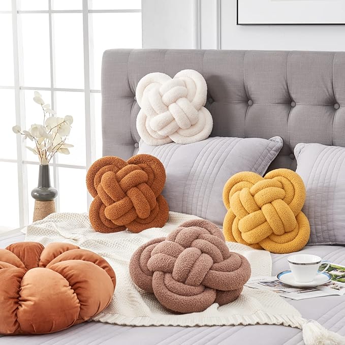Xiashrk Knot Pillow Ball, 12" Soft Decorative Throw Pillows for Couch Bed, Dark Khaki Knotted Plush Throw Pillow Handmade Square Cushion Home Couch Decor Pillows for Living Room