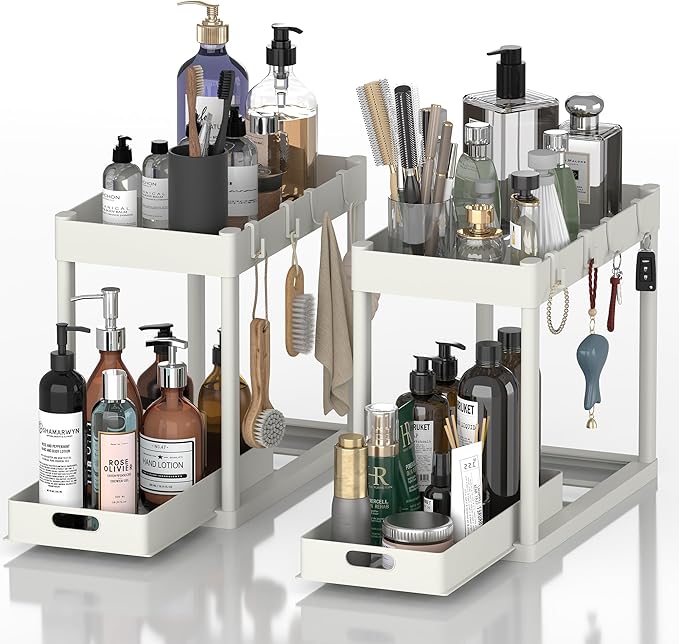2PC Under Sink Organizer Rack 2 Tier Under Sliding Cabinet Basket Organizer Drawer with 4 Hooks, Multi-purpose Under Sink Storage for Bathroom Kitchen Desktop(White)