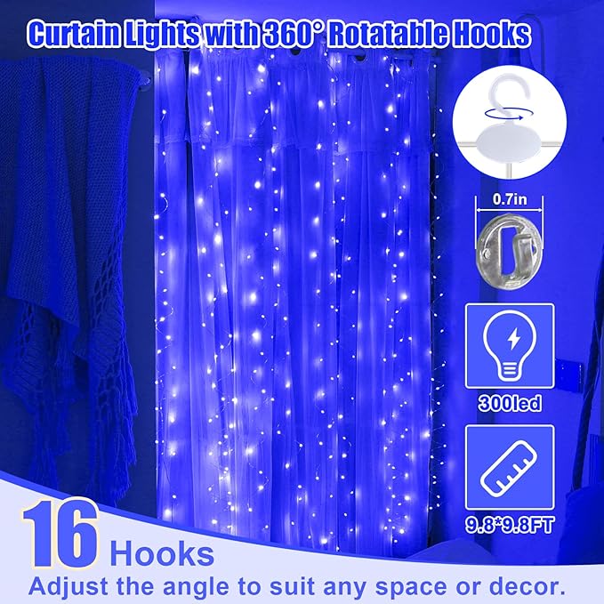 Curtain Light, 9.8ft x 9.8ft Copper Wire String Lights, USB Powered Hanging Window Fairy Lights, 8 Lighting Modes, Remote Control for Home Christmas Wedding Party (Blue)