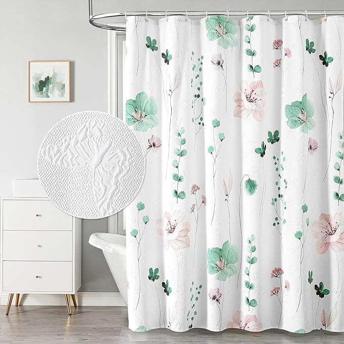 QiyI Extra Long Shower Curtain 72 x 84, Modern Watercolor Floral Bath Curtain, 3D Embossed Texture Sage Green Flower Cloth Bathroom Curtain, Waterproof Fabric Farmhouse Shower Curtain Set with Hooks