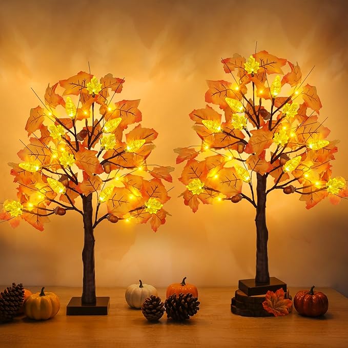 2 Pack 24 Inch Prelit Fall Maple Tree with 48 LED Lights Timer Battery Operated Light Up Acorn Maple Tree for Fall Autumn Thanksgiving Artificial Home Indoor Halloween Decor