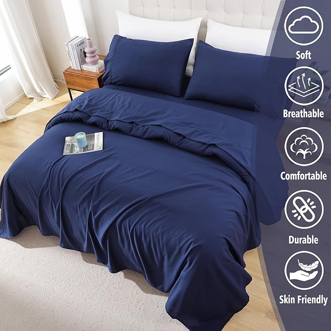 Whitney Home Textile Queen Sheet Set, Soft Microfiber Hotel Bed Sheets Queen Size, Extra Deep Pocket, Luxury Breathable Bedding Sheet & Pillowcase Sets, 4 Piece Wrinkle Free Oeko-Tex, Navy Blue