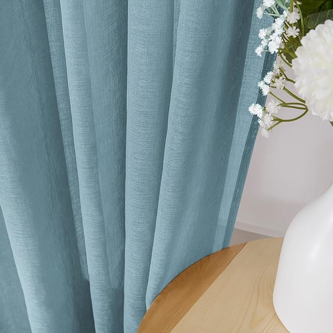 Tollpiz Sheer Tier Curtains Kitchen Linen Textured Half Curtain Sheers Light Filtering Rod Pocket Voile Bathroom Short Curtains for Farmhouse, 25 x 30 inches Long, Dusty Blue, Set of 2 Panels