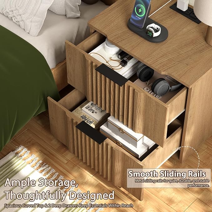 Yechen Fluted Nightstand with 20W Fast Charging Station - Modern Farmhouse Wood Night Stand with 2 Storage Drawers, Large Wide Bedside End Table for Bedroom with Curved Profile Base, Natural Oak