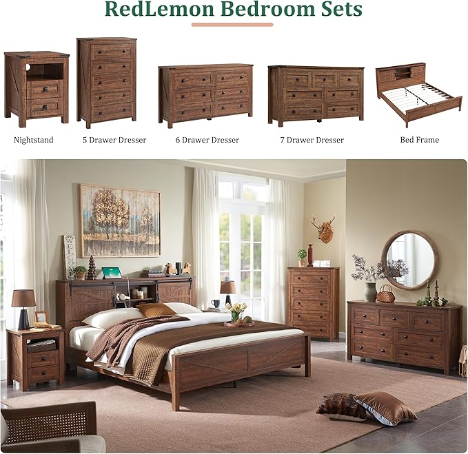 RedLemon Farmhouse Nightstand with Charging Station, Rustic 18 Inch End Table with 2 Storage Drawers and Open Shelf, Wood Sofa Side Table for Bedroom, Living Room (Reclaimed Barnwood)
