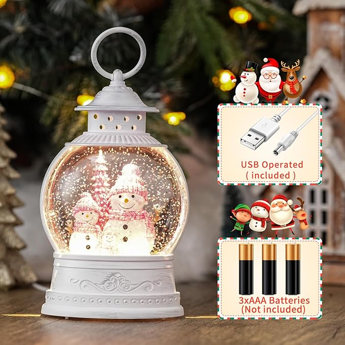 Christmas Snow Globes, Pink Snowman Family Musical Snow Globe Lantern with Timer, USB or Battery Operated, Lighted Christmas Home Decorations Indoor