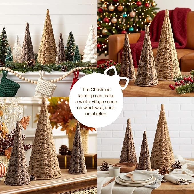 3pcs Natural Woven Christmas Trees Decor, Artificial Christmas Tree Decorations for Home Party Table Village Craft Indoor Outdoor Vintage Christmas Decor(Khaki+Dark Brown+Dark Khaki)