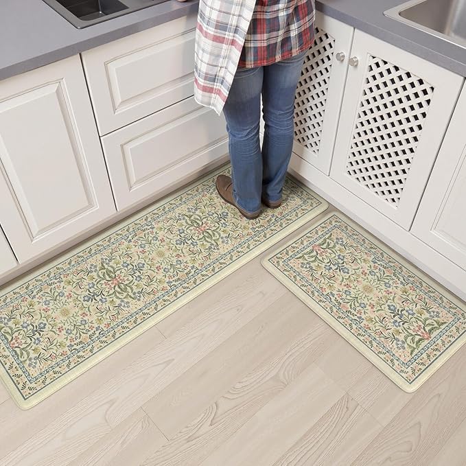 Collive Kitchen Mats for Floor, Cushioned Anti Fatigue Mat Non Skid Waterproof Kitchen Rugs Set of 2, Beige Vintage Comfort Standing Desk Rug for Office, Sink, Laundry, 17"x30"+17"x59"