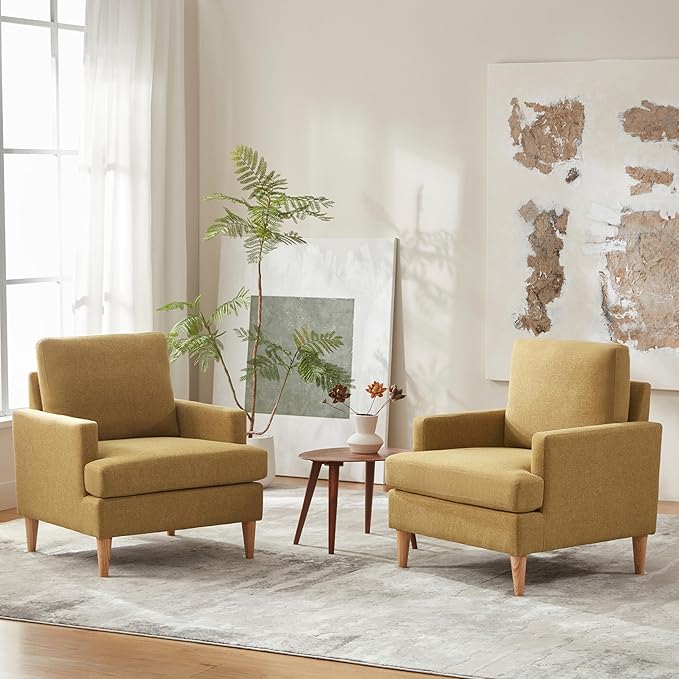 VKNOW Mid-Century Accent Chairs Set of 2, Modern Upholstered Chenille Armchair for Living Room,Comfy Reading Accent Chairs with Wood Legs for Bedroom, Yellow Polyester