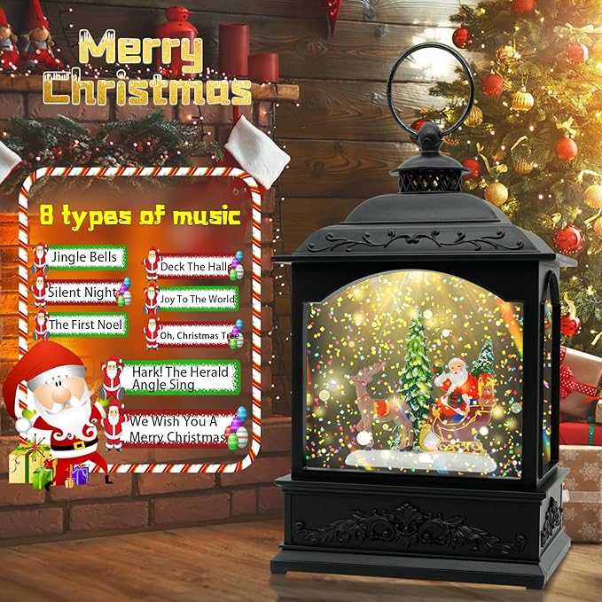 Christmas Snow Globe Lantern with Music & Timer, Santa LED Glitter Lantern, Battery Operated Christmas Globe Decoration, Fall Holiday Decor for Home