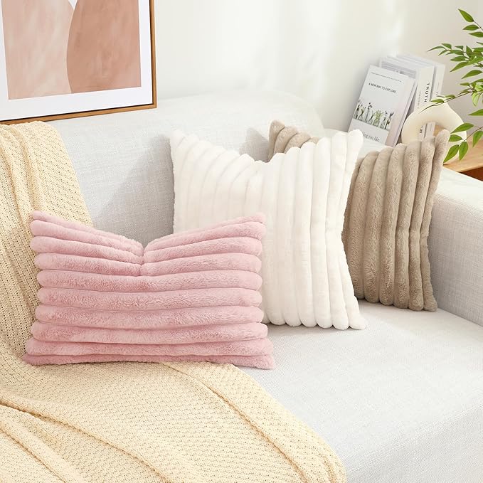 decorUhome Faux Fur Throw Pillow Covers 16x16 Set of 2, Decorative Soft Plush Striped Neutral Couch Euro Pillow Covers with Velvet Back for Sofa, Bed, Living Room Home Decor, Pink