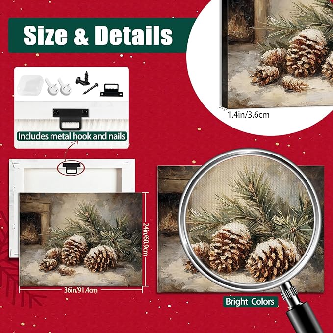 Vintage Pine Cones Christmas Canvas Wall Art, Rustic Winter Still Life Framed Print for Farmhouse Christmas Decorations, Cozy Holiday Gifts and Nature Wall Decor