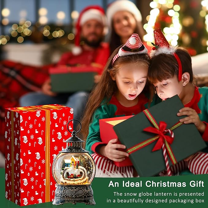 9.8" Christmas Snow Globe Water Lantern with Snowman and Train Scene Battery Operated or USB Powered Musical Lighted Holiday Decoration for Tabletop Display for Family and Friends