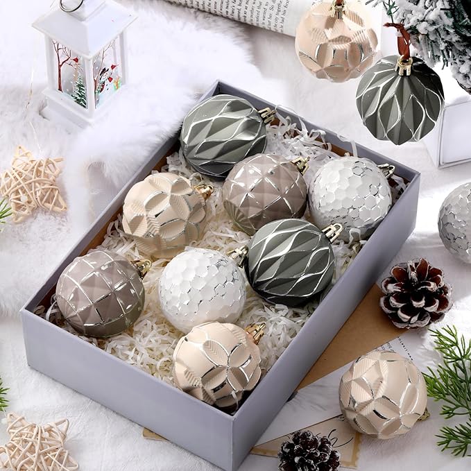Syhood 12 Pcs Neutral Textured Christmas Ball Ornaments 2.4 Inch Vintage Xmas Tree Decorations Rustic Distressed Xmas Baubles Antique Farmhouse Modern Christmas Decor for Tree Home (Neutral)
