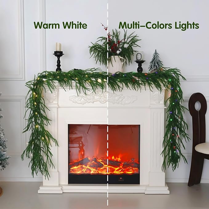 Christmas Garland Prelit Real Touch Norfolk Pine Garland Artificial Realistic Greenery Garland for Mantle Fireplace Table Centerpiece Indoor Outdoor Home Decor 6FT