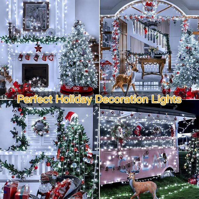 Ollny Christmas Lights Outdoor 400LED 131FT, Cool White Fairy Lights with Remote 3 Timer, Plug in 8 Modes String Lights for Bedroom Indoor Outside House Party Xmas Decorations
