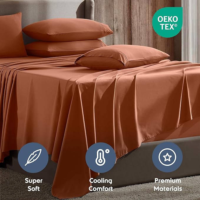 Nestl Extra Deep Cal King Sheet Set - 6 Piece Breathable & Cooling Sheets - Hotel Luxury Bedding Set w/18-24 Inch Deep Pockets - Easy & Secure Fit - Super Soft, Wrinkle Free & Comfy - Rust