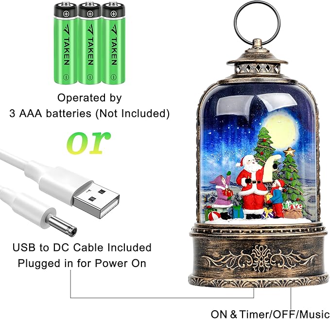 10.3" Christmas Snow Globe Water Lantern with Santa's List Scene Battery Operated or USB Powered Musical Lighted Holiday Decoration for Tabletop Display for Family and Friends