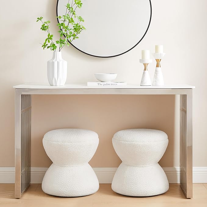 Multi-Functional Boucle Ottoman, Vanity Stool Chair, Sturdy Wooden Footstool, Suitable for Living Room, Bedroom, and Entryway, Without Installation, White