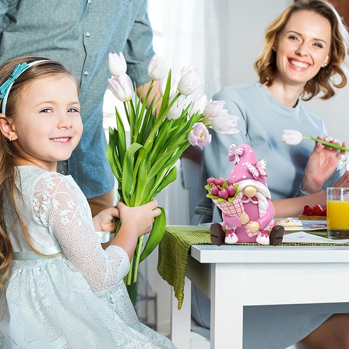 Spring Pink Gnome Figurine Decor- 5.7'' Waterproof Resin Summer Fairy Garden Statue Fall Decorations for Home - Summer & Retirement Gift for Women