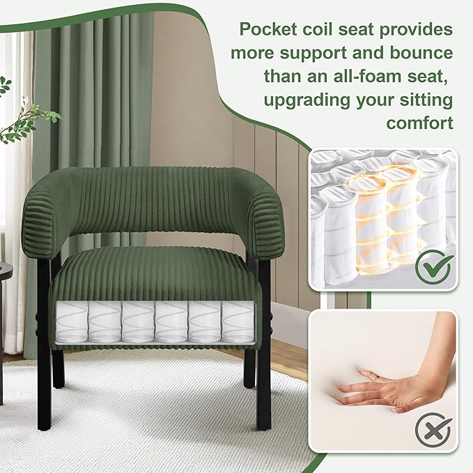Yaheetech Corduroy Barrel Accent Chair, Modern Upholstered Armchair with Solid Wood Legs, Cozy Leisure Chair with Pocket Coiled Seat for Living Room, Bedroom, Reading Nook Dark Green