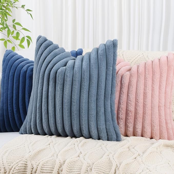 decorUhome Faux Fur Throw Pillow Covers 26x26 Set of 2, Decorative Soft Plush Striped Neutral Couch Euro Pillow Covers with Velvet Back for Sofa, Bed, Living Room Home Decor, Grey Blue