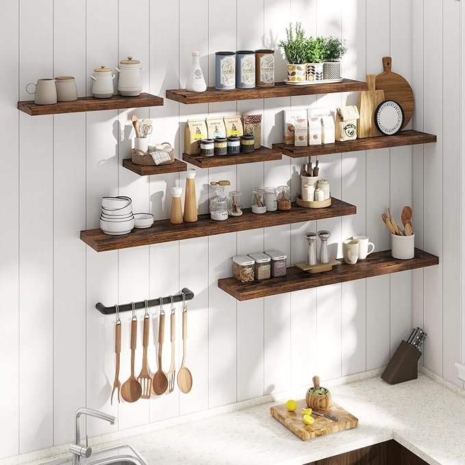 24 Inch Floating Shelves for Wall Set of 2, 8"D Wood Grain Bathroom Shelves with Invisible Brackets, Easy Install Engineered Wood Storage Shelves for Kitchen, Living Room, Bedroom, Rustic Brown Finish