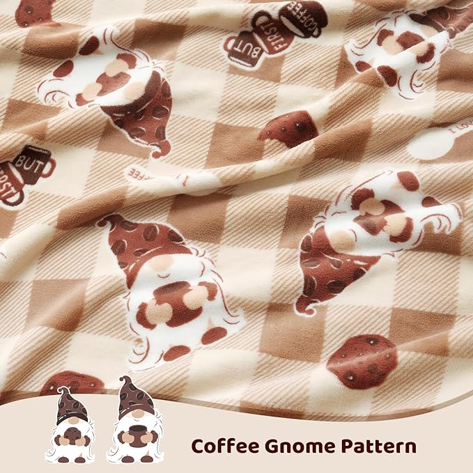 Cozy Bliss Coffee Gnome Throw Blanket - Warm MilkyPlush™ Throw Blankets,Ultra Soft Cozy Blankets for Couch,Sofa and Bed,Brown,50X60inches