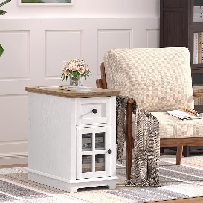 HIFYOBRO End Table with 1 Drawer, Storage Side Table with Flip Top Charging Station, Type-C & USB Port & Power outlets, Wooden Storage Cabinet for Bedroom/Living Room