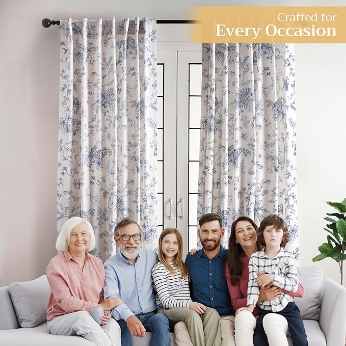 Maison d' Hermine Curtains for Living Room 100% Cotton 96 inch Length One Panel Light Filtering Toile Curtains for Bedroom Windows with Rod and Loop Pockets Drapes (Jouy Paradise Blue, 50" W x 96" L)
