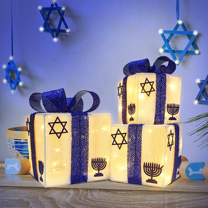 Krissing 3pcs Lighted Hanukkah Gift Boxes for Hanukkah Decorations, Christmas White and Blue Gift Boxes Decor for Chanukah Party Table Centerpieces Yard Jewish Christmas Tree Ornaments