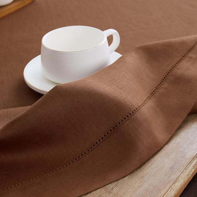 Solino Home Linen Brown Table Runner 48 Inches - Classic Hemstitch, 100% Pure Linen Coffee Table Runner 14 x 48 Inch Ideal for Dresser Tables, Fall, Autumn, Thanksgiving
