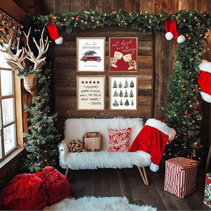 ETVISO Christmas Decor, Christmas Trees Wall Art Prints Set of 4, Retro Vintage Xmas Poster, Funny Winter Holidays Gift Print Decor for Gallery Living Room Bathroom, 8x10 (Unframed)
