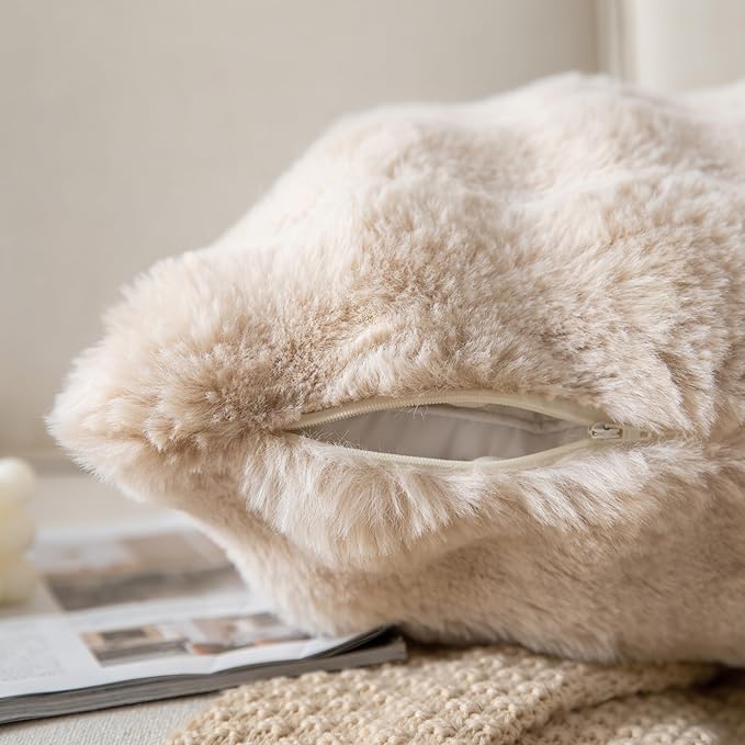 Pack of 2 Thick Plush Throw Pillow Covers Fluffy Wave Faux Fur Decorative Cushion Covers Soft Wool Pillowcase for Sofa Couch Livingroom 16x16 Inch Beige