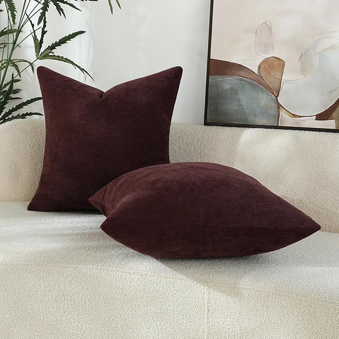 Plum Purple Chenille Decorative Couch Throw Pillow Covers, Soft Cushion Cases for Home Livingroom Sofa Décor, Pack of 2, 14 x 14 Inches